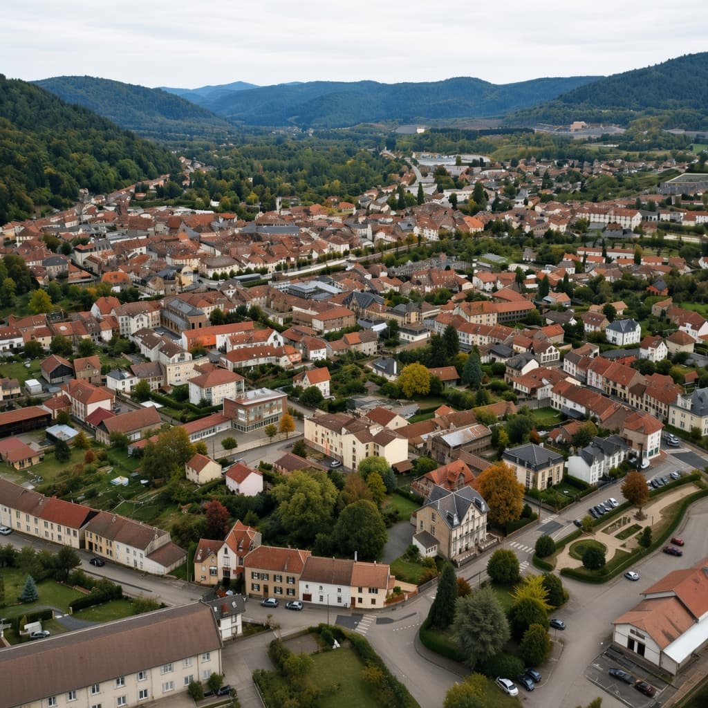 Vue aérienne de Raon-l'Étape dans les Vosges — toits de tuiles et vallée forestière